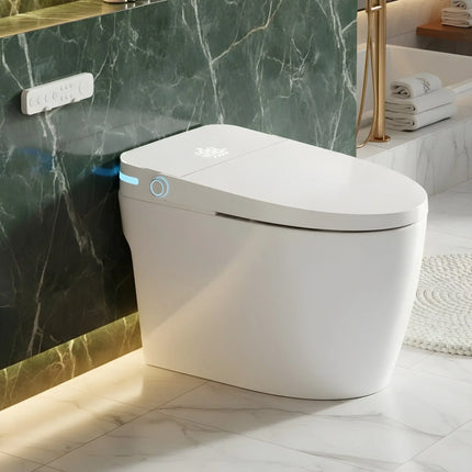 Modern white smart toilet with blue LED lights in luxurious bathroom with green marble wall
