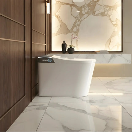 Modern white smart toilet with control panel in a luxury marble bathroom with wood paneling