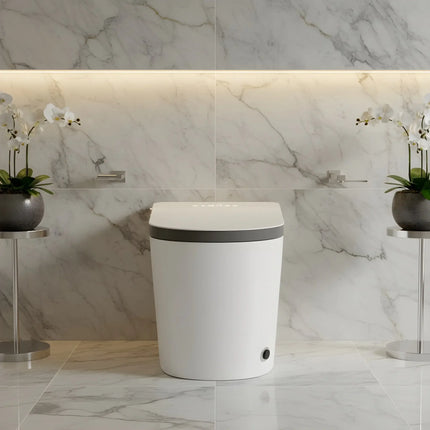 Modern white smart toilet in marble bathroom with orchids on metal stands