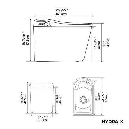 Technical drawing with dimensions of Hydra-X smart toilet in side, front, and top views