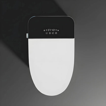 Top view of modern white smart toilet seat with digital control panel on dark background