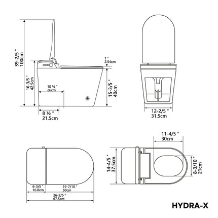 Technical drawing of HYDRA-X toilet with detailed dimensions in inches and centimeters