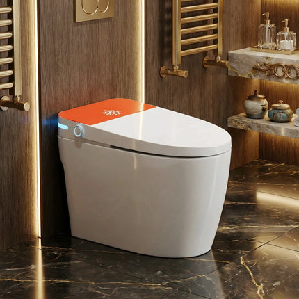 Modern smart toilet with orange lid and blue light in luxurious bathroom with marble floor