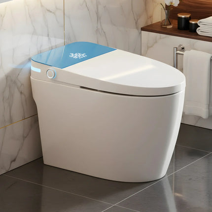Modern smart toilet with blue lid panel and control button in marble bathroom