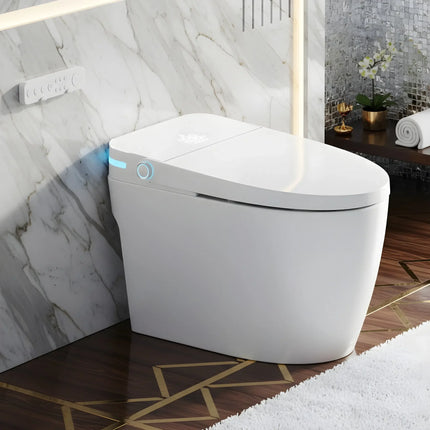 Modern white smart toilet with blue LED lights, remote control on marble wall, luxury bathroom