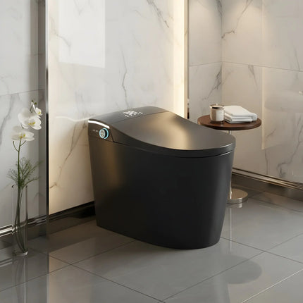 Modern black smart toilet in sleek bathroom with marble walls and tiled floor