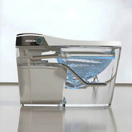 Transparent smart toilet with water tank and digital control panel featuring blue dial