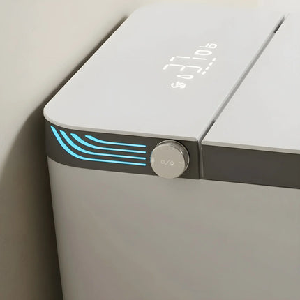 Modern white appliance with digital LED display and blue light accents on top corner