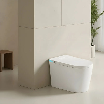 modern white smart toilet with blue side light in minimalist beige bathroom