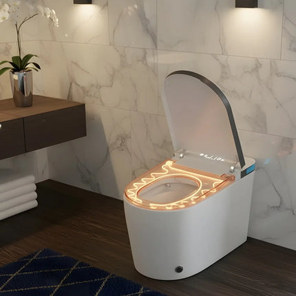 Modern bathroom with white smart heated toilet seat and marble tile walls