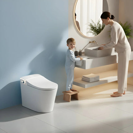Modern bathroom with white smart toilet, woman washing hands, and child on stool