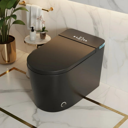 Modern black smart toilet with digital display in luxurious bathroom with white marble and gold accents