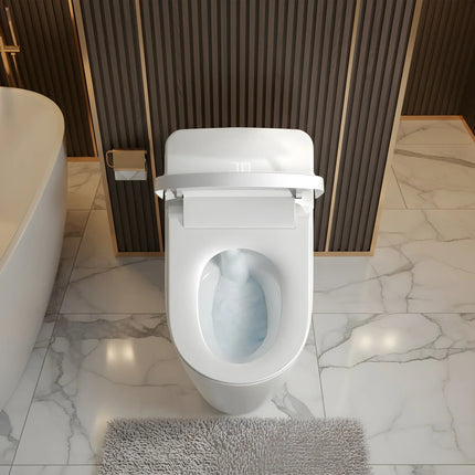 Modern white flushing toilet in stylish bathroom with marble tile floor and black wall panels