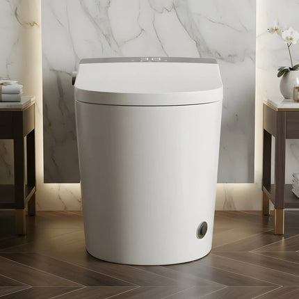 Modern white smart toilet with digital display in luxury bathroom with marble wall and wood floor