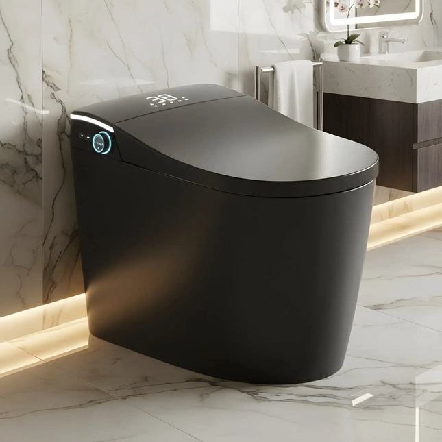 Modern black smart toilet with digital controls in a sleek marble bathroom