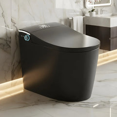 Modern black smart toilet with digital controls in a sleek marble bathroom