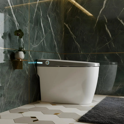 Modern white smart toilet with LED indicator in a bathroom with dark marble walls and hexagonal floor tiles