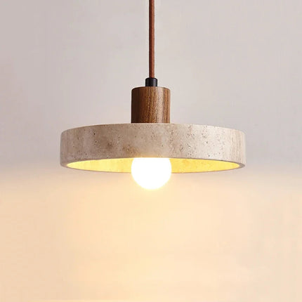 Modern Wabi-Sabi Yellow Travertine and Wood LED Pendant Lamp ⌀210x H110MM MARO Finer Living - Luxury Home Specialists