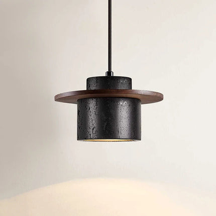 Modern Wabi-Sabi Black Travertine and Wood LED Pendant Lamp ⌀200×H120 mm MARO Finer Living - Luxury Home Specialists