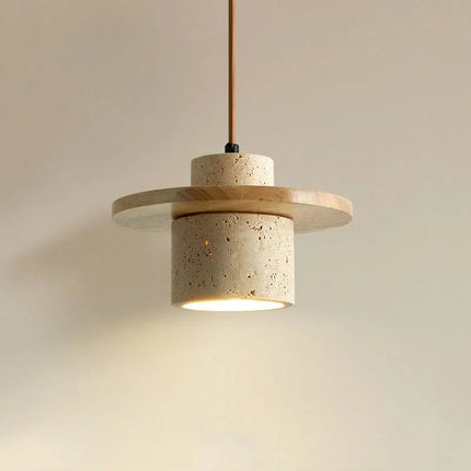 Wabi-Sabi Travertine Stone and Wood Pendant Hanging Light ⌀200 × H120 mm MARO Finer Living - Luxury Home Specialists
