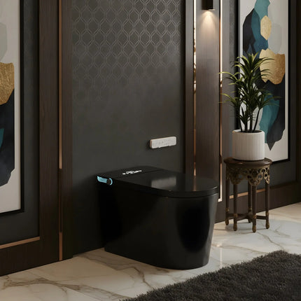 Modern black smart toilet with LED controls in stylish bathroom with marble floor and decorative plant