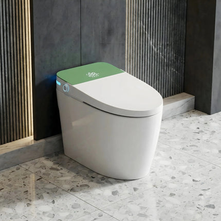 Modern smart bidet toilet with green lid and blue LED lights in stylish bathroom