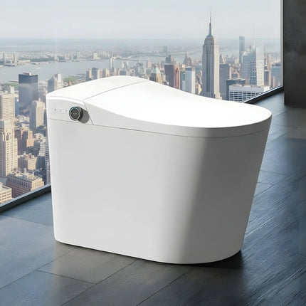 modern white smart toilet with digital control knob in contemporary bathroom with city skyline view