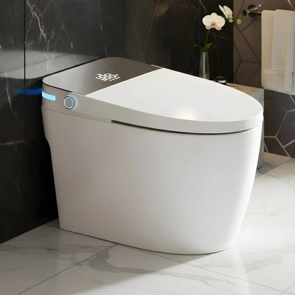 Modern white smart toilet with digital control and blue indicator light in stylish bathroom