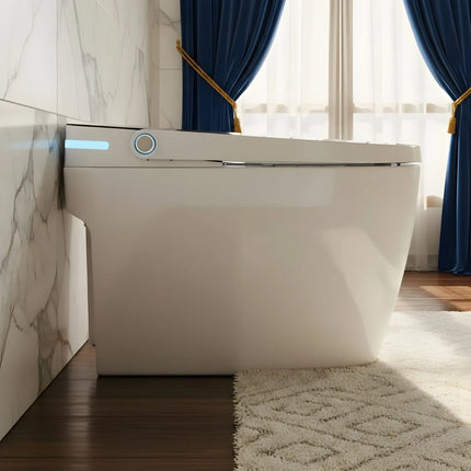 Modern white smart bidet toilet with control knob in luxurious bathroom with marble walls and blue curtains