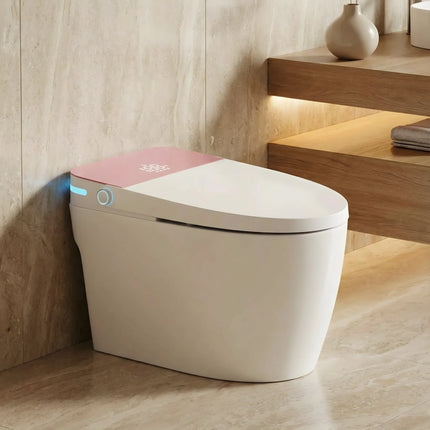 modern smart toilet with pink lid and blue LED lights in beige marble bathroom