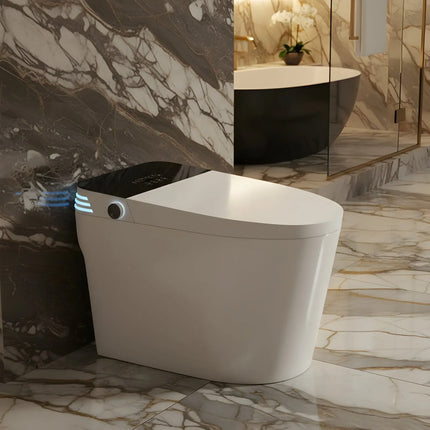 Modern smart toilet with sleek design and blue LED sensor in luxury bathroom with marble walls and floor