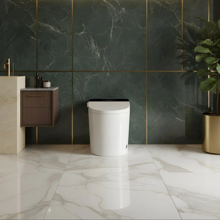 Modern white smart toilet in luxury bathroom with dark green marble wall and gold accents