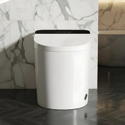 Modern white smart toilet with digital control panel in bathroom with marble wall and dark tile floor